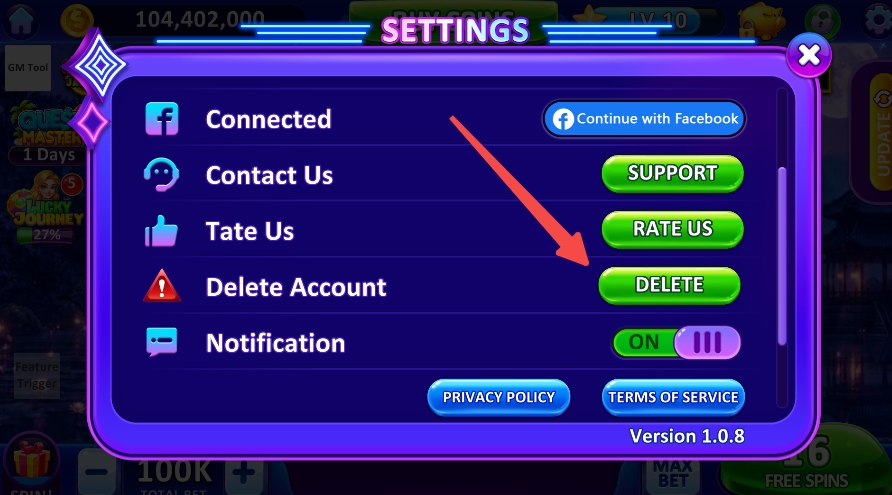 Delete Account option near the bottom of the Settings screen