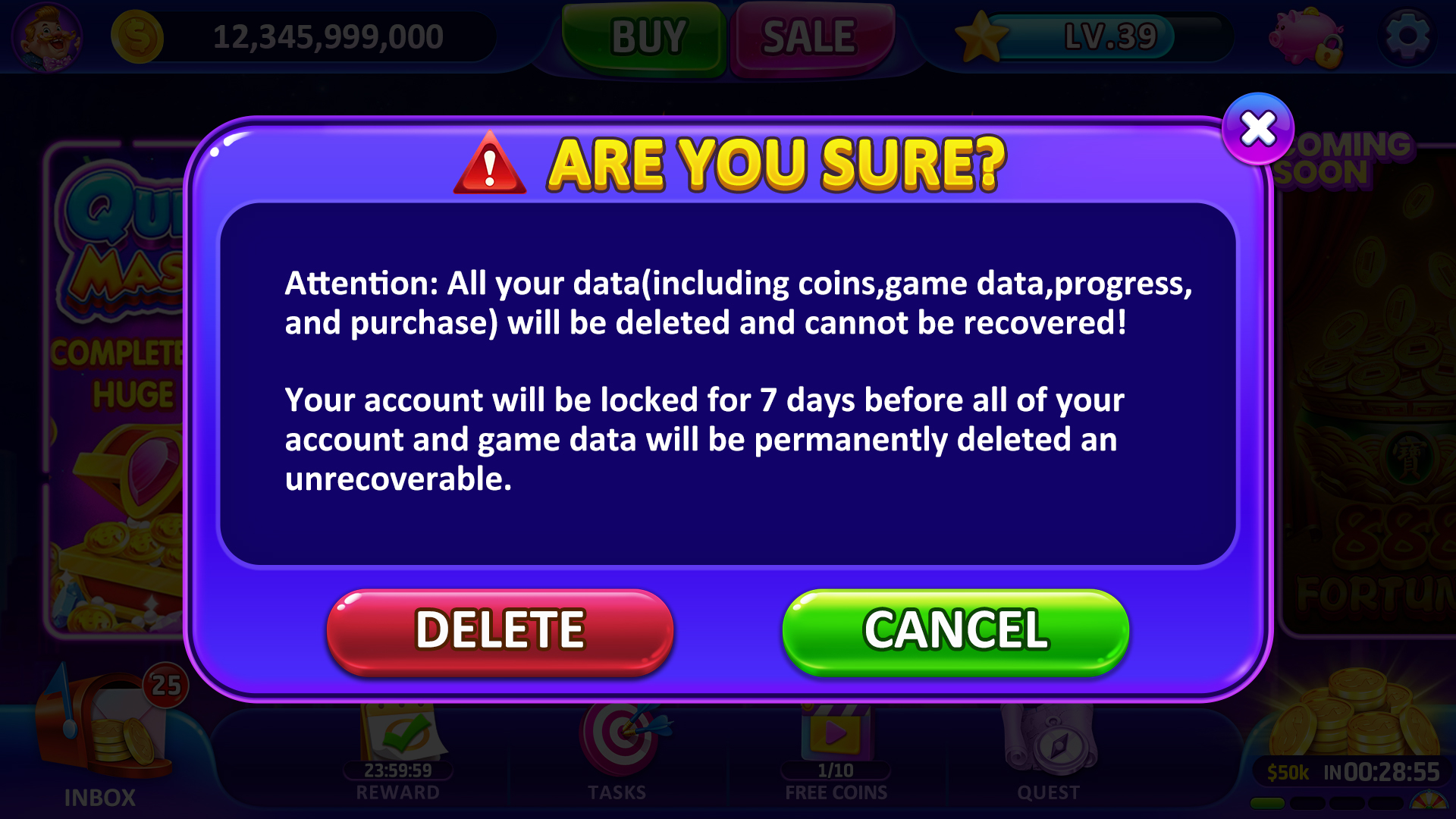 Account deletion warning with red Delete confirmation button