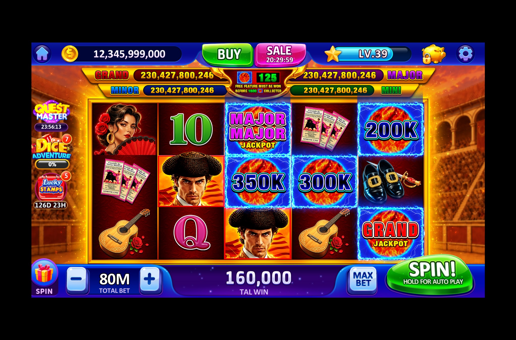 Golden arena themed slot game screen